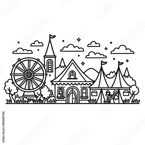 Oktoberfest Bavarian Village Skyline Line Art - Minimalist German Festival with Ferris Wheel, Tent and Dancing People Outline