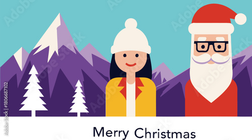 A cheerful winter landscape with santa claus and a smiling woman enjoying the snowy mountains outdoors during christmas time