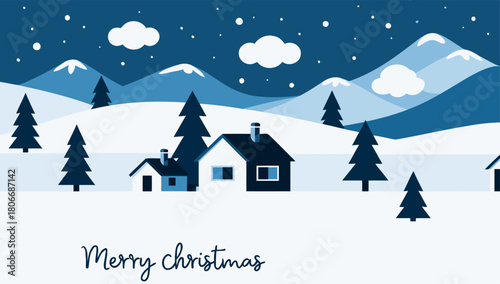 Winter landscape with cozy houses and falling snow for festive season greetings