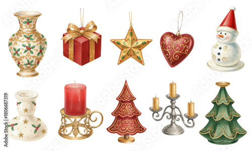 Vintage Christmas Decor Set With Ornaments And Candles