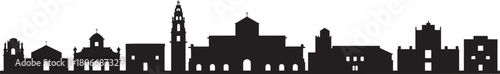 Historical european or spanish american cityscape vector silhouette featuring prominent cathedral church religious buildings and bell towers panorama