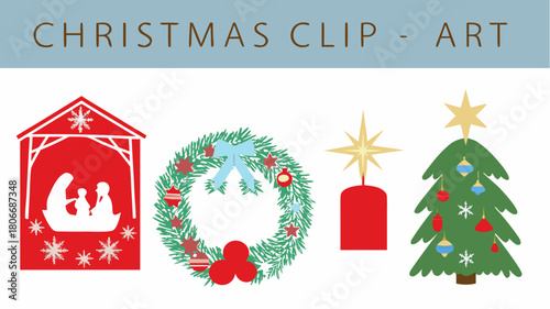 Festive Christmas clip art showcasing a Nativity scene, a bright wreath, a glowing candle, and a decorated tree for holiday cheer, originally a scalable vector graphic