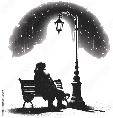  A solitary silhouette sits on a park bench beneath a glowing street lamp as snow falls in the night. The stark contrast and circular glow evoke quiet solitude and reflective mood