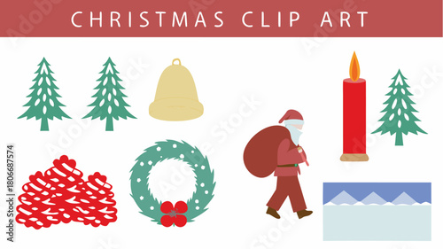 Charming Christmas clip art collection with Santa, trees, wreath, candle and bell for holiday crafting and festive designs originally a vector graphic