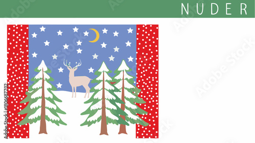 Charming winter scene with deer, snow-covered trees, starry sky, and crescent moon, perfect for holiday greetings and seasonal designs, originally a scalable graphic