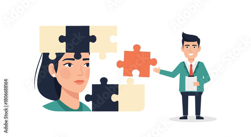 Business concept of teamwork and puzzle solving for a woman's face, cooperation for success