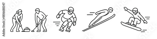 Outlined winter sports icon set featuring curling, ice cross, ski jumping, and snowboarding. Each illustration captures motion and athletic stance with clean, modern lines