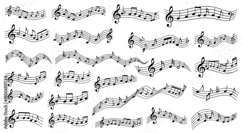 Set of Wavy Music Staff Lines with Notes and Treble Clef