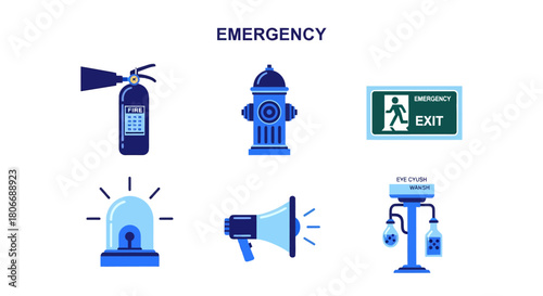 Bluetoned icons related to emergency equipment and safety signage