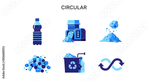 Circular diagram illustrating plastic bottle recycling steps in blue tones