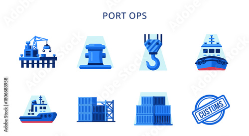 Collection of eight blue and white flatstyle icons related to port operations