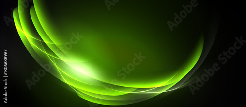 Abstract green waves, luminous center. Smooth curves create dynamic visual effect. Dark background emphasizes bright shapes.