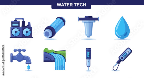 Eight blue icons related to water technology filters and testing tools on a white background