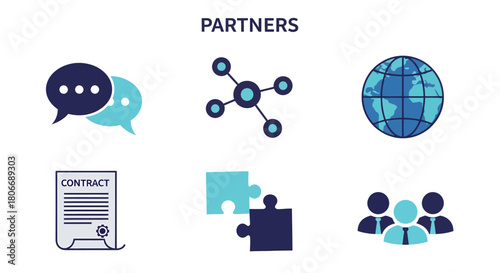 Graphic elements illustrating business partnership concepts under the title PARTNERS