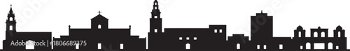 Southwestern american city skyline silhouette vector graphic showing historic colonial mission architecture church spires and modern development