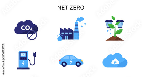 Illustration of NET ZERO concepts featuring icons for carbon reduction clean industry carbon capture EVs and cloud computing