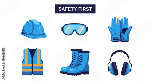 Illustration of six pieces of blue and orange construction safety gear on a white background