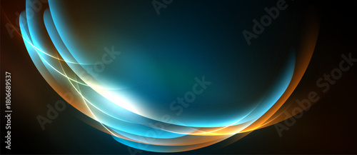 Abstract flowing lines, vibrant blues, oranges create dynamic energy. Light radiates from center, dark background emphasizes curves.