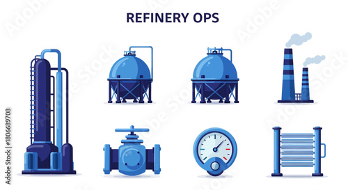 Set of blue icons illustrating oil refinery operations equipment no background