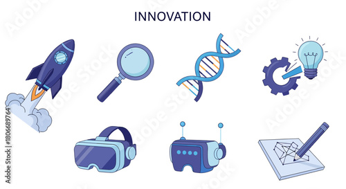 Set of eight blue and purple icons related to innovation including a rocket magnifying glass DNA gear lightbulb VR headset robot and drawing