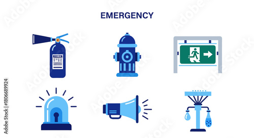 Six blue and teal icons related to emergency equipment and safety