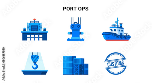 Six blue icons illustrating port operations including machinery vessels and logistics