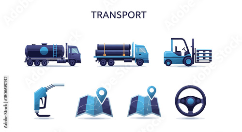 Vector icons related to transport and logistics including trucks forklift fuel pump map and steering wheel