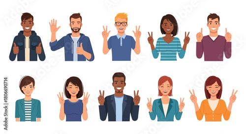A vibrant collection of diverse multicultural people expressing joy and friendliness through positive hand signs