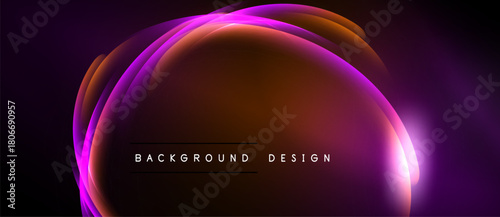 Abstract design features layered curves, vibrant purple, orange hues. Dark background emphasizes glowing effect, modern aesthetic.