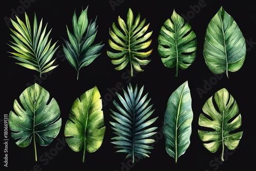 Watercolor set of tropical leaves on a black background. Perfect for patterns, textile design, or any creative botanical project.