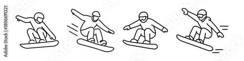 Set of outline icons showing snowboarders in mid-air tricks. Each figure features a different posture, highlighting movement and agility in freestyle snowboarding. Clean, modern line art style