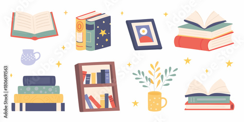 Collection of illustrated books picture frame mug and decorative elements on white background