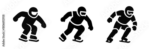 Silhouettes of ice cross athletes in motion, each figure increasingly detailed. From minimal to full gear depiction, the set captures dynamic movement, protective helmets