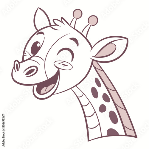 A joyful and cute cartoon giraffe winking with a friendly smile, vector line art animal portrait for kids and nursery decor