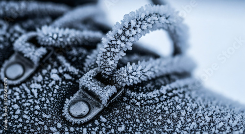 Close-up of an ice-coated hiking boot lace loop frozen mid-motion, revealing intricate frost crystals and hyper-detailed textures that capture the intensity of a halted expedition step.