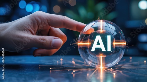 Human finger interacts with a glowing sphere containing the illuminated abbreviation for artificial intelligence