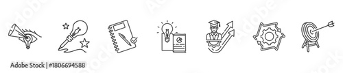 Big idea icon collection illustration includes Vision, creativity, plan, knowledge, development, synergy, goal with thin line style and white background.