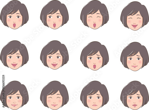 若い女性の正面の顔セット