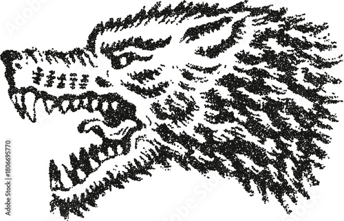 Aggressive wolf head showing bared teeth, rendered in a creative stipple vector art style. Ferocious and wild canine predator design perfect for mascots or emblems.

