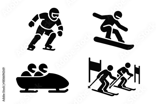 Set of bold black icons depicting winter sports: an ice cross skater in full gear, a snowboarder mid-air, a two-person bobsled team, and alpine skiers racing through gates