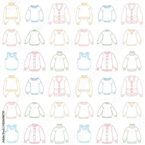 Pattern with outline colored various sweaters, vests, and cardigans. Seamless texture for printing on textiles, creating backgrounds for winter fashion, and designing cozy clothing projects