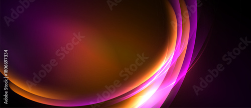 Abstract flowing shapes, vibrant colors blend. Orange, purple hues dominate dark background. Smooth gradients create dynamic visual effect.