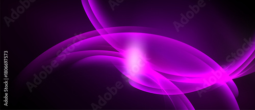 Abstract purple waves, glowing light source. Smooth curves create dynamic visual effect. Dark background emphasizes bright shapes.