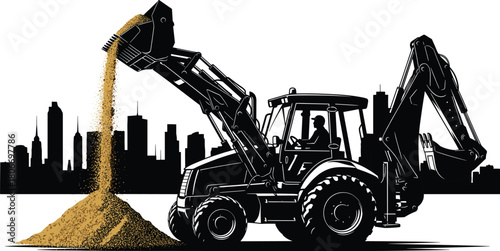 Construction backhoe loader silhouette dumping sand, heavy machinery vehicle working against city skyline, vector illustration of industrial earth mover for engineering design