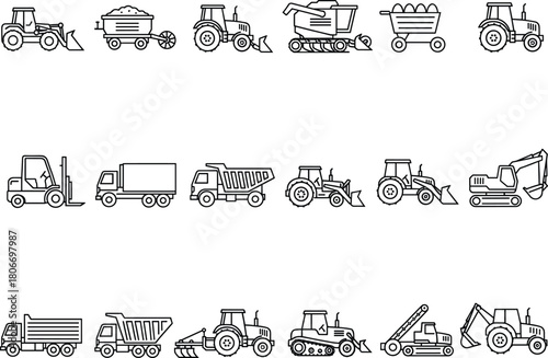 Farm agriculture and construction machinery icons, vector line art set of tractor, truck and excavator, heavy equipment outline for industry design
