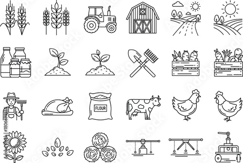 Farm agriculture line icons, vector set of tractor, barn and animals, rural harvest symbols, isolated nature elements for organic food design