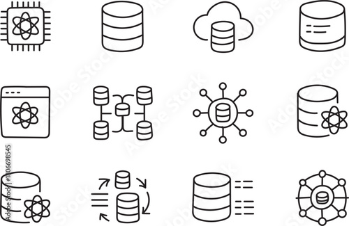 Data Technology Icons Set – Database Cloud Storage Network System Outline Collection
