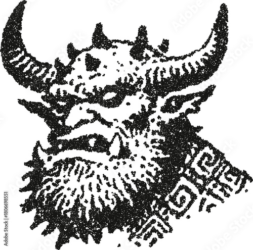 Horned mythological creature head with a thick beard and tribal patterns, designed in a powerful stipple vector art style. Represents a demon, Viking warrior, or forest god.
