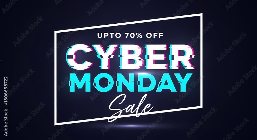 Obraz premium Cyber monday sale banner with glitch effect and up to 70% off offer