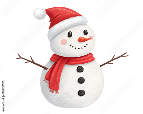 Cute snowman wearing Santa hat and red scarf with stick arms and carrot nose on transparent background, festive Christmas decoration